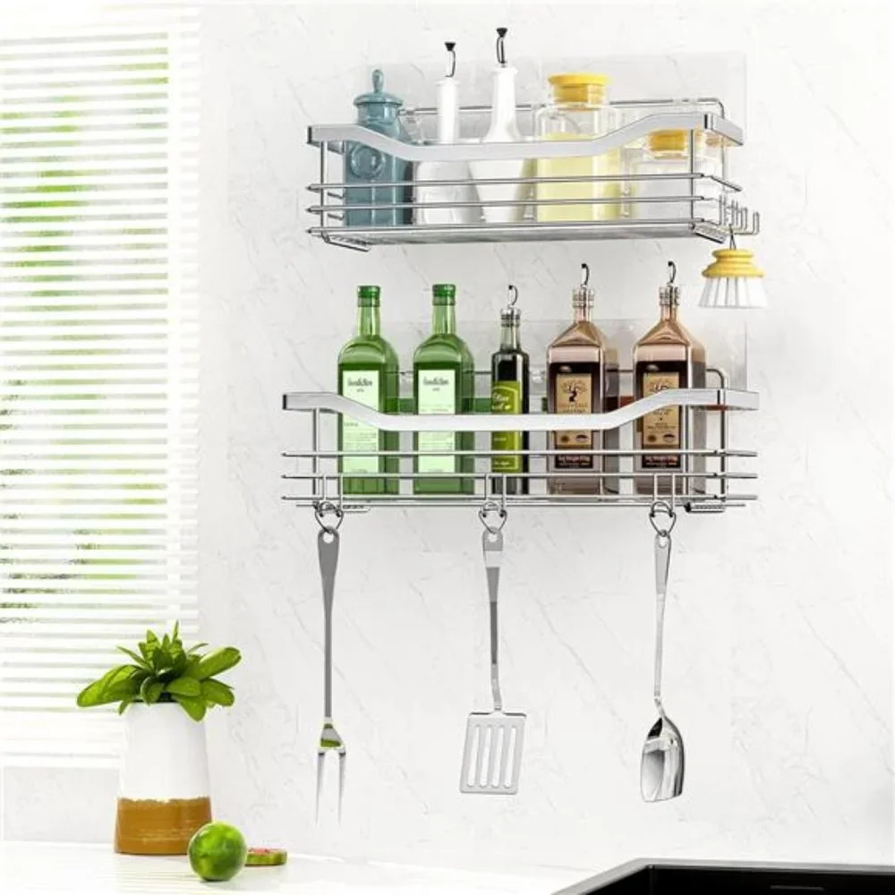Shower Caddy Basket Shelf with 5 Hooks Adhesive Organizer Storage Rack Rustproof